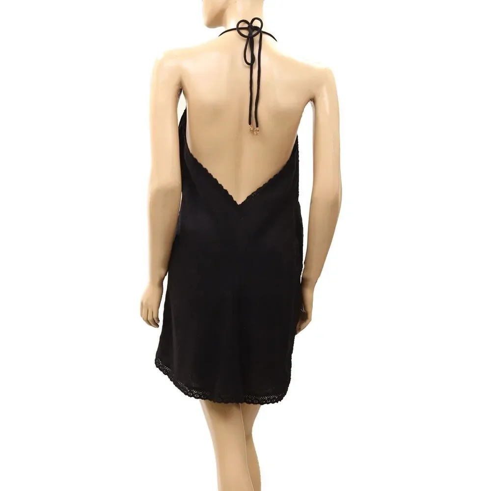 Free People Free Est Sandshell Linen Sunburst Mini Dress Halter Lace M 288780